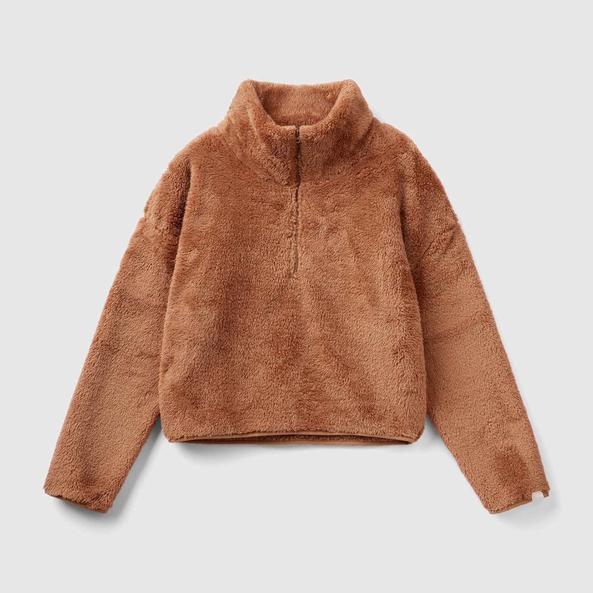 Kadın Taba Yarım Fermuarlı Peluş Crop Sweatshirt