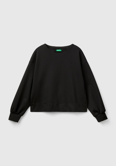  Kadın Siyah Yanlarında Yırtmaç Detaylı Viskoz Karışımlı Sweatshirt