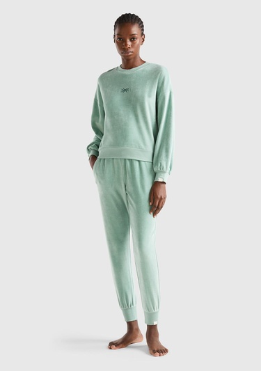  Kadın Su Yeşili Beli Lastikli Şönil Eşofman Altı