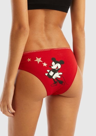  Kadın Kırmızı Beli Lastikli Mickey Baskılı Brazilian Slip Külot
