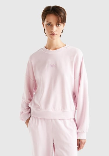  Kadın Gül Kurusu Logo Baskılı Şönil Sweatshirt