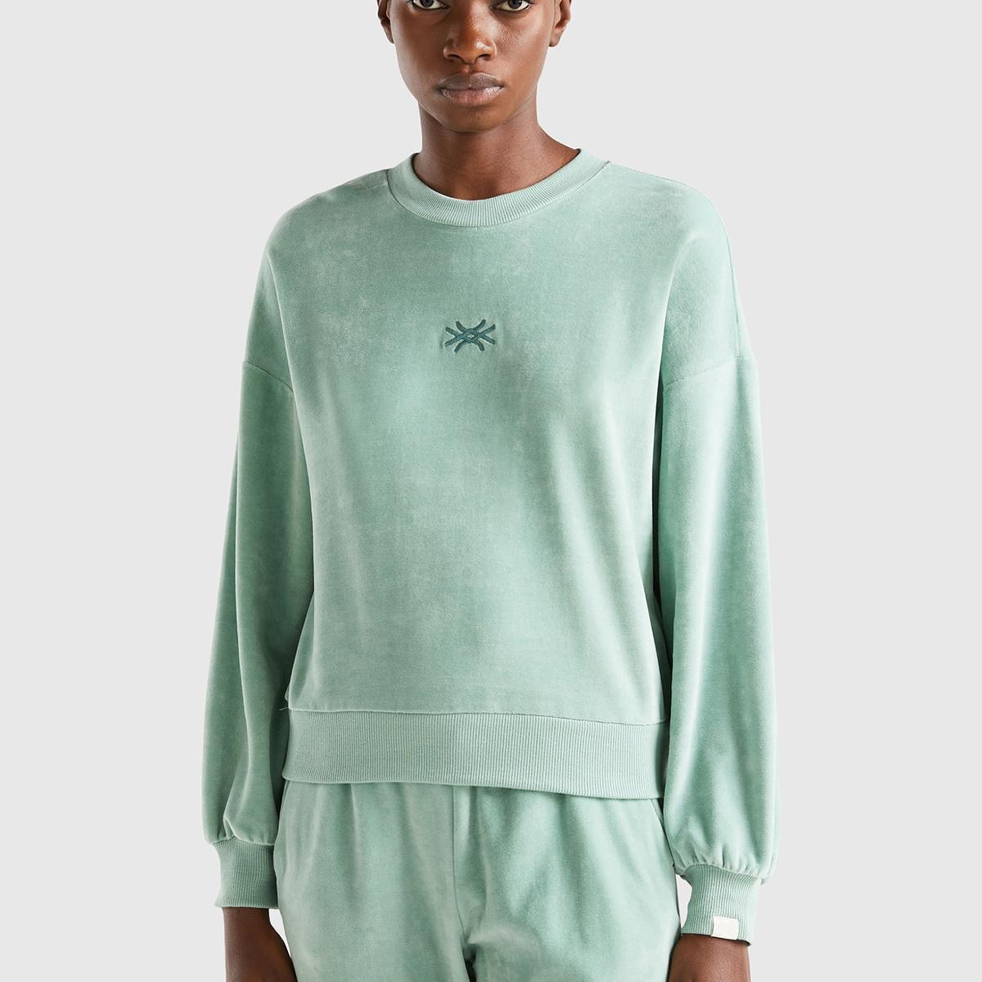 Kadın Su Yeşili Logo Baskılı Şönil Sweatshirt