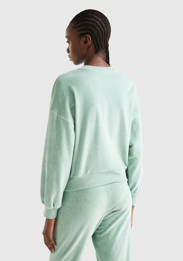  Kadın Su Yeşili Logo Baskılı Şönil Sweatshirt