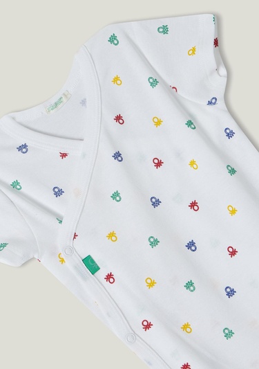  Bebek Beyaz Mix Desenli V Yaka 2'li Tulum