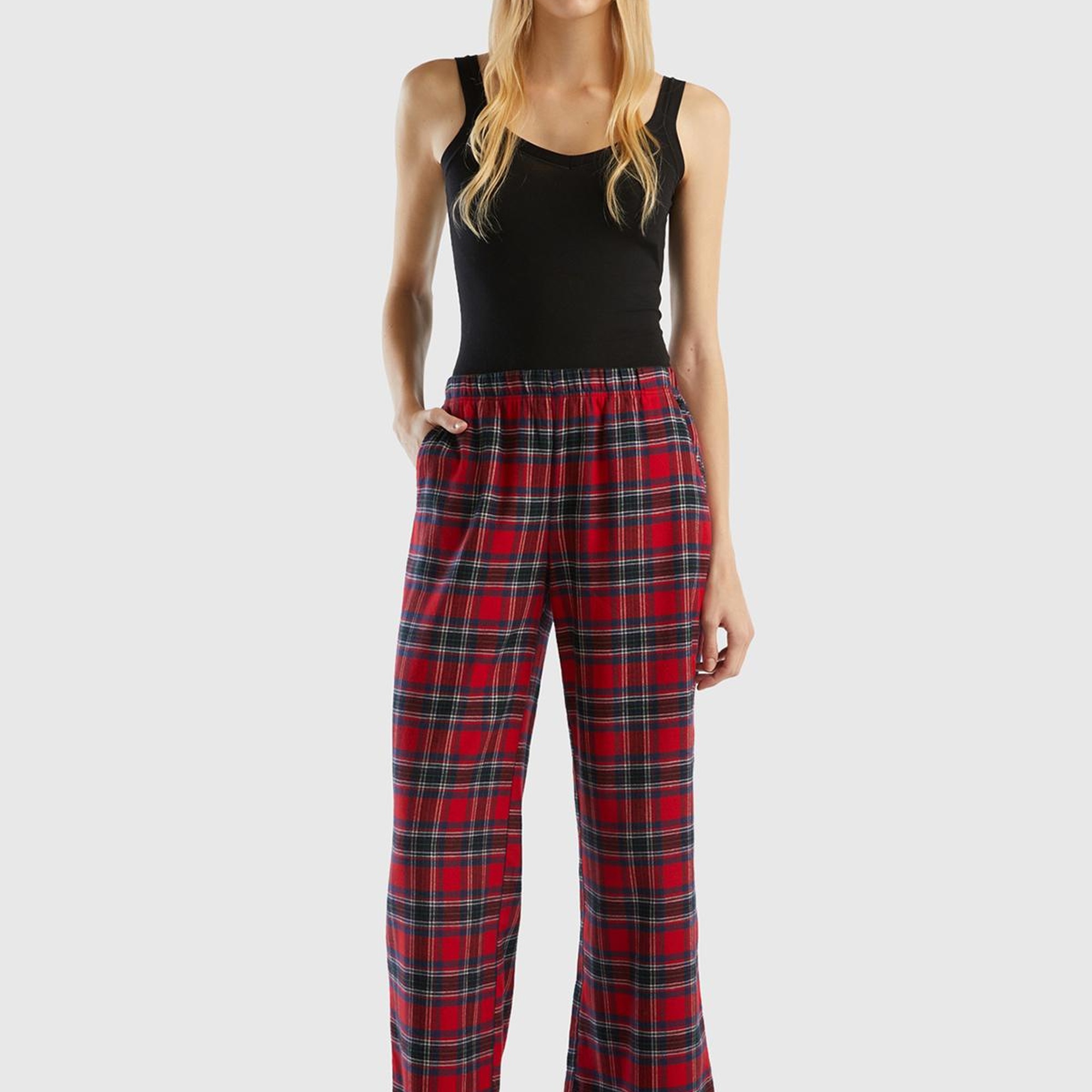 Kadın Kırmızı Mix Ekose Desenli Geniş Paça Pantolon