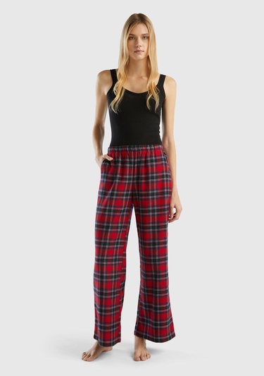  Kadın Kırmızı Mix Ekose Desenli Geniş Paça Pantolon