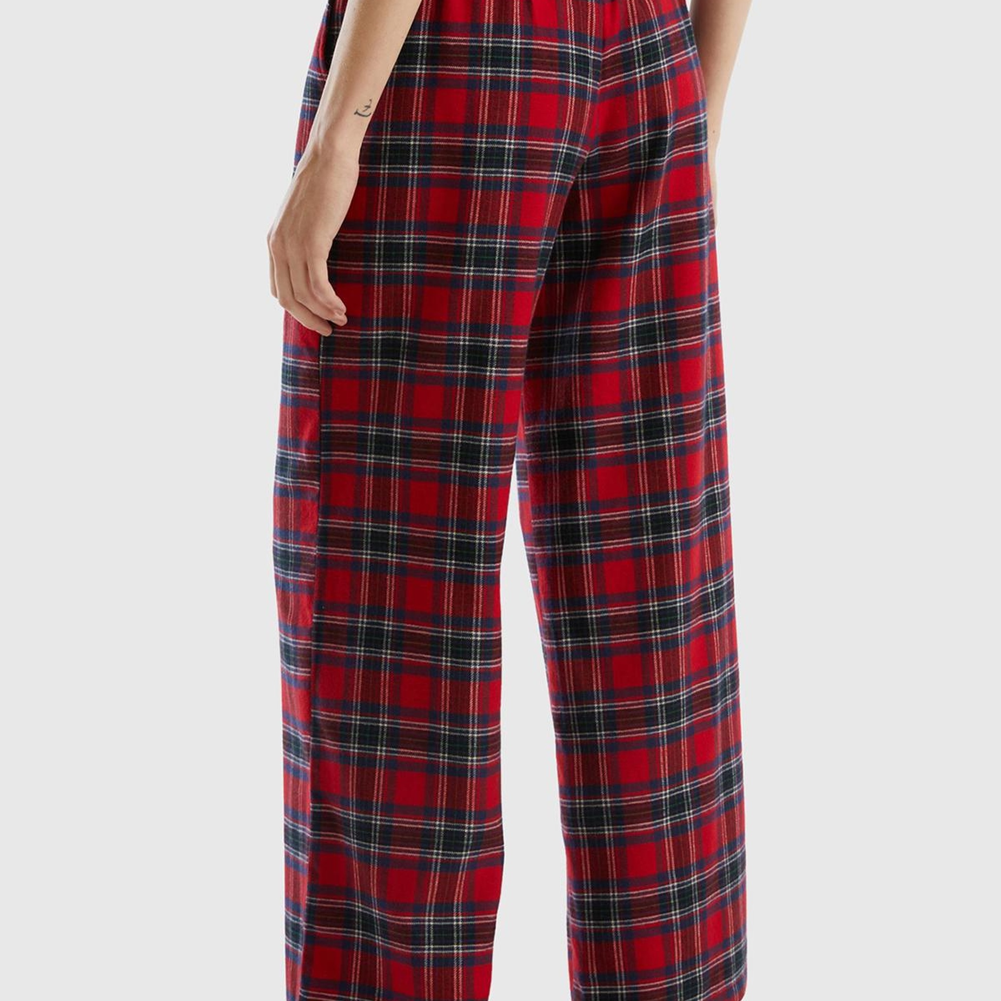 Kadın Kırmızı Mix Ekose Desenli Geniş Paça Pantolon