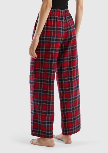  Kadın Kırmızı Mix Ekose Desenli Geniş Paça Pantolon