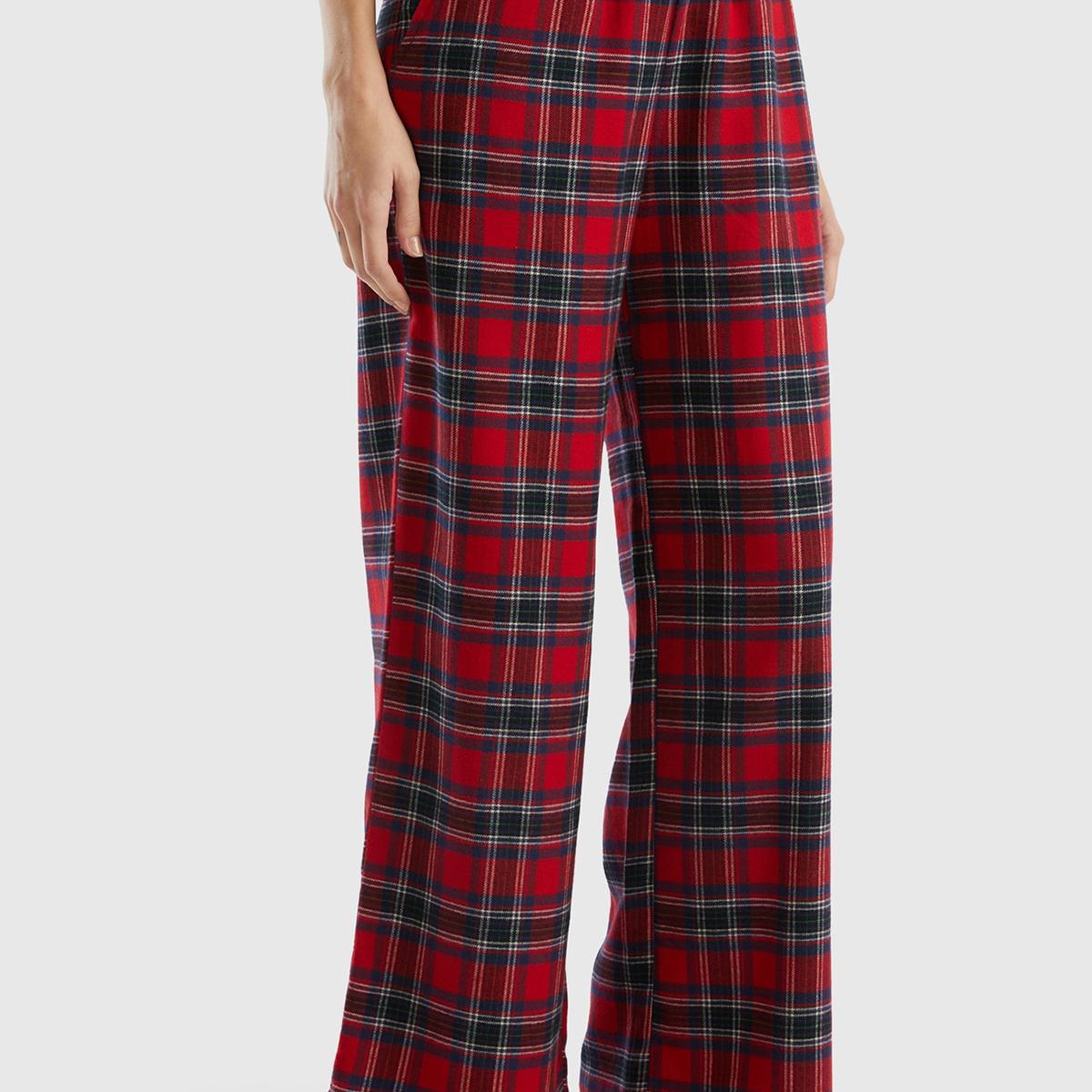 Kadın Kırmızı Mix Ekose Desenli Geniş Paça Pantolon