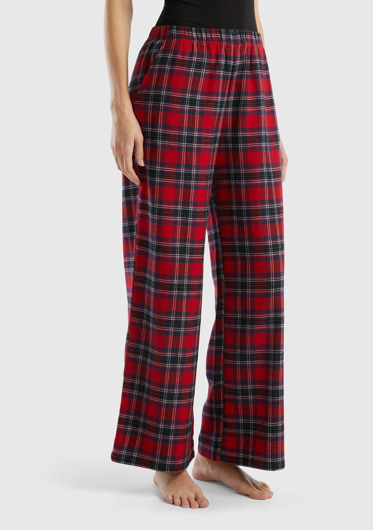  Kadın Kırmızı Mix Ekose Desenli Geniş Paça Pantolon