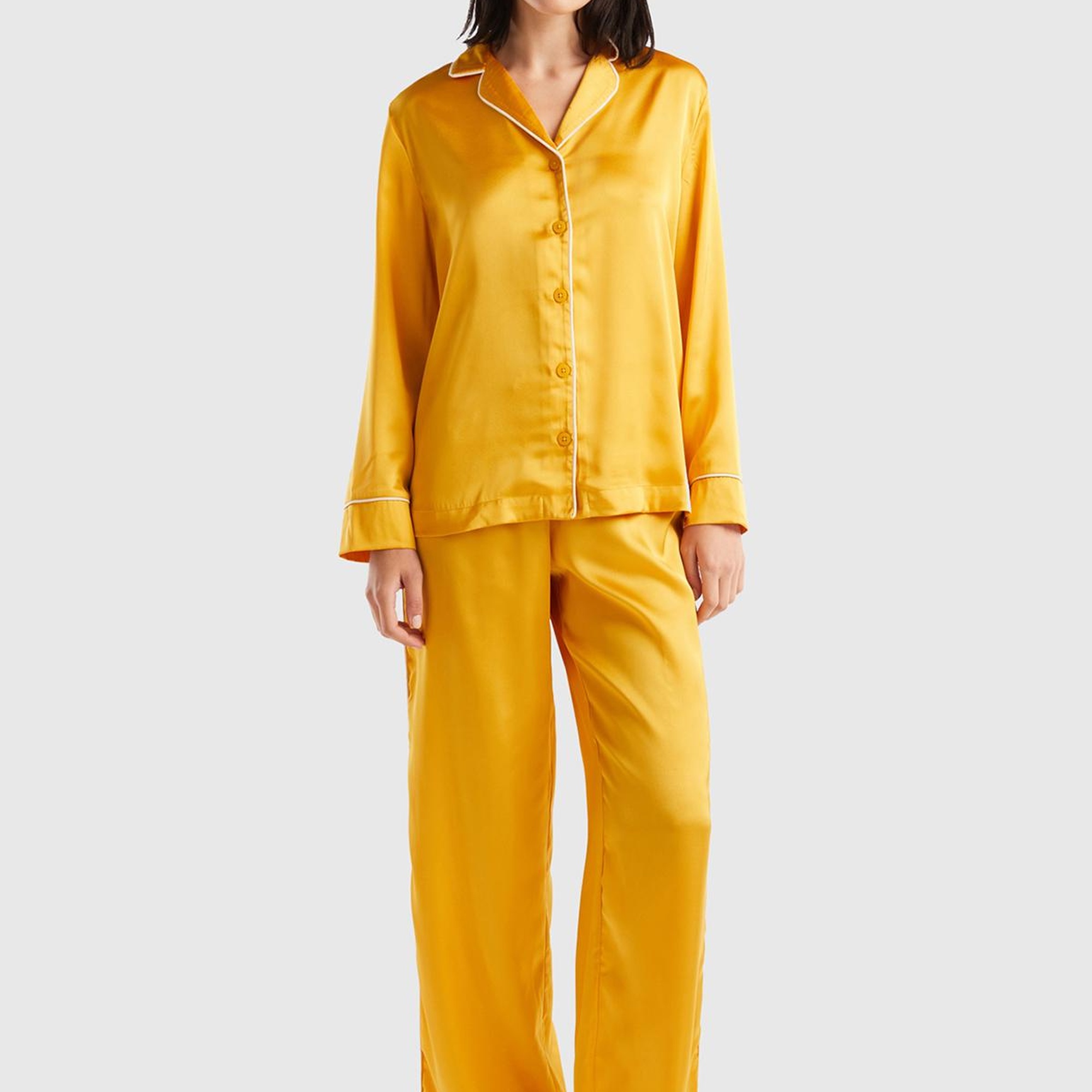 Kadın Hardal Saten Pijama Takımı