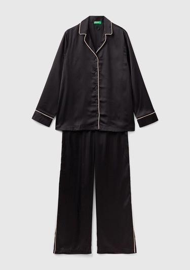 Kadın Siyah Saten Pijama Takımı