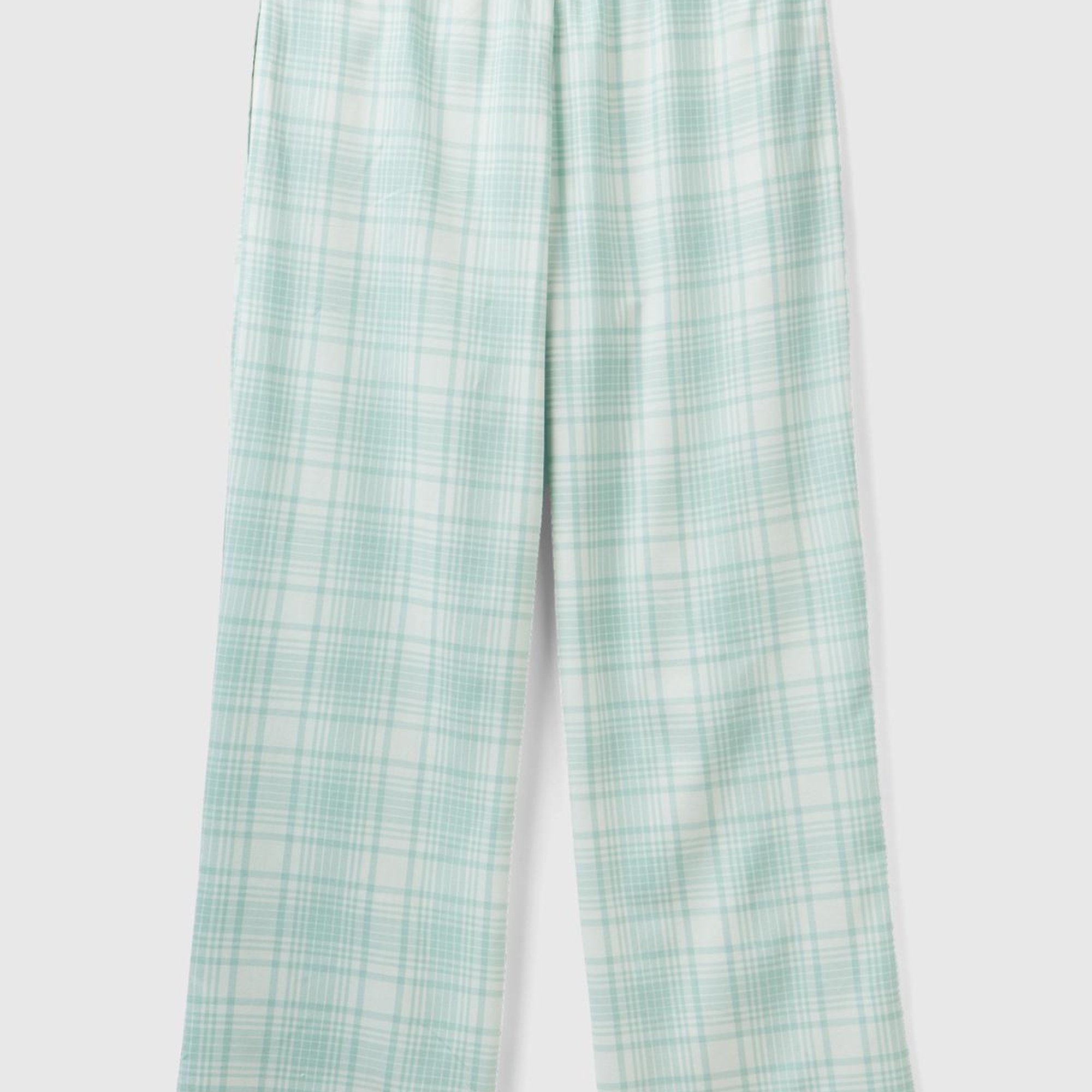 Kadın Su Yeşili Mix Ekose Desenli Dokuma Pantolon