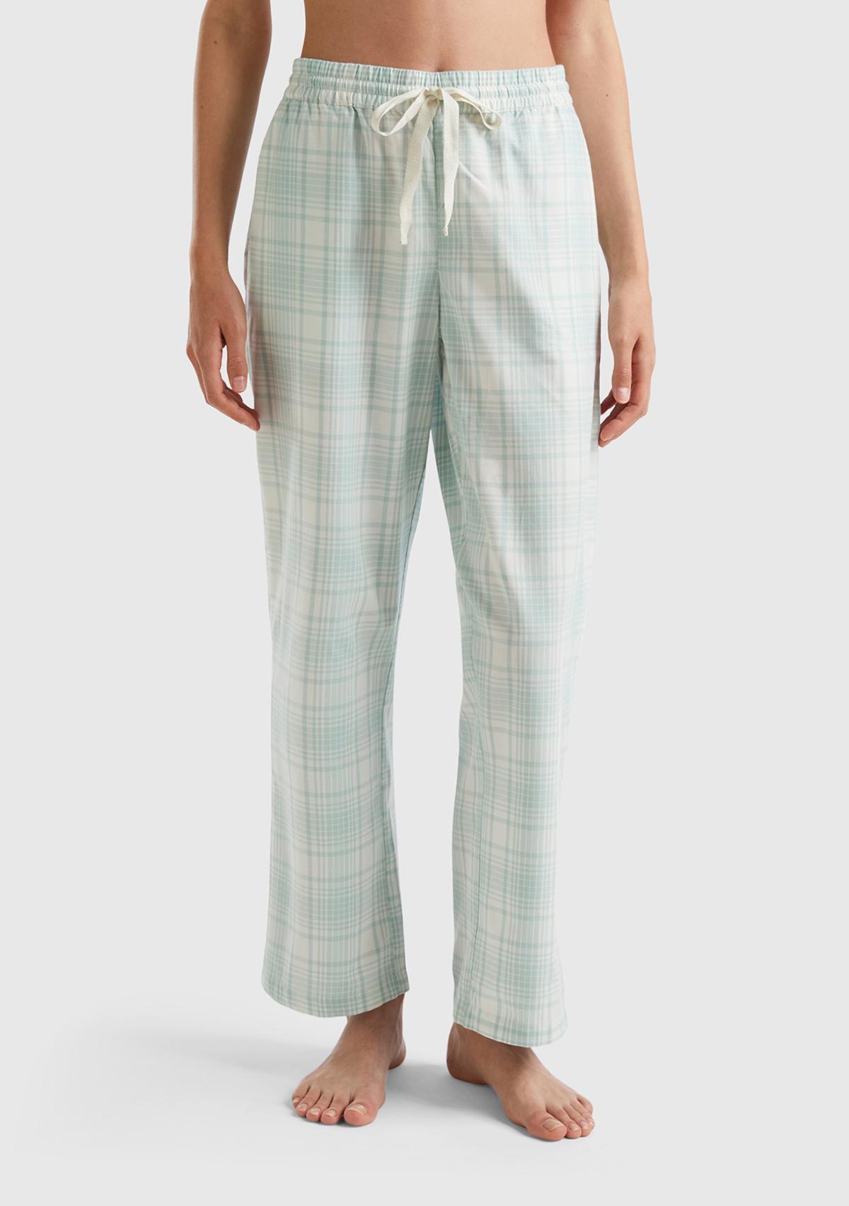  Kadın Su Yeşili Mix Ekose Desenli Dokuma Pantolon