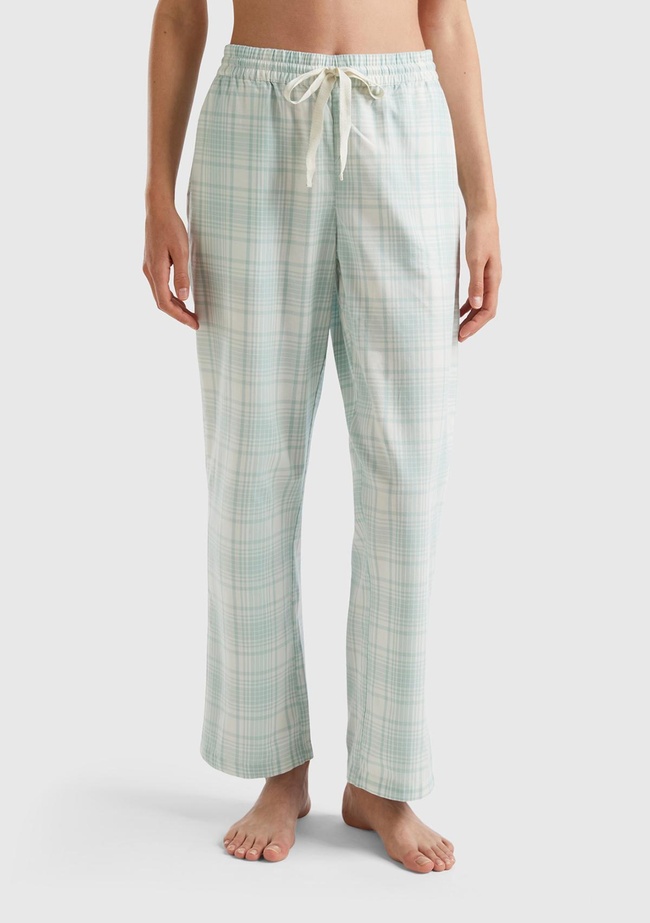  Kadın Su Yeşili Mix Ekose Desenli Dokuma Pantolon