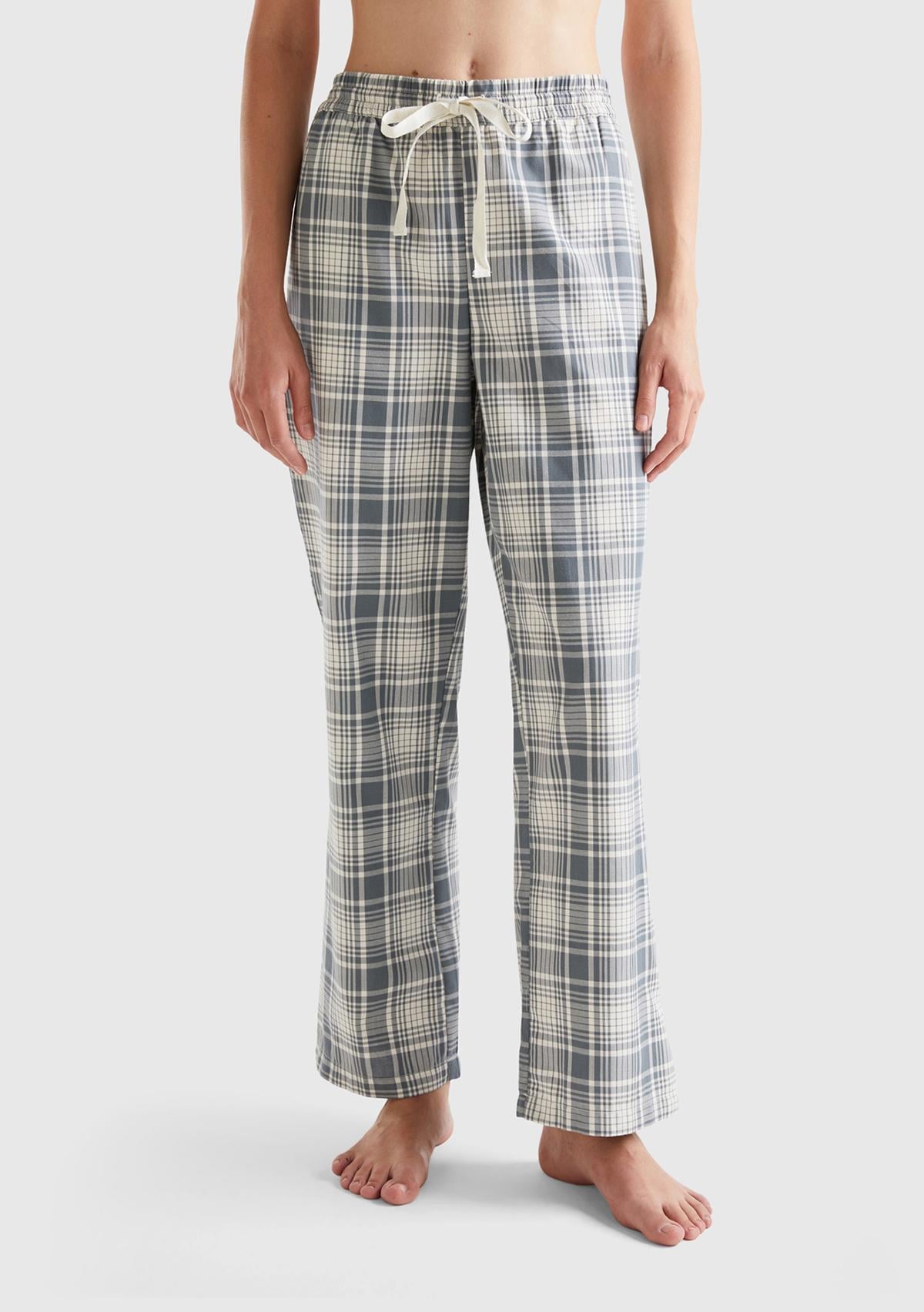  Kadın Lacivert Mix Ekose Desenli Dokuma Pantolon