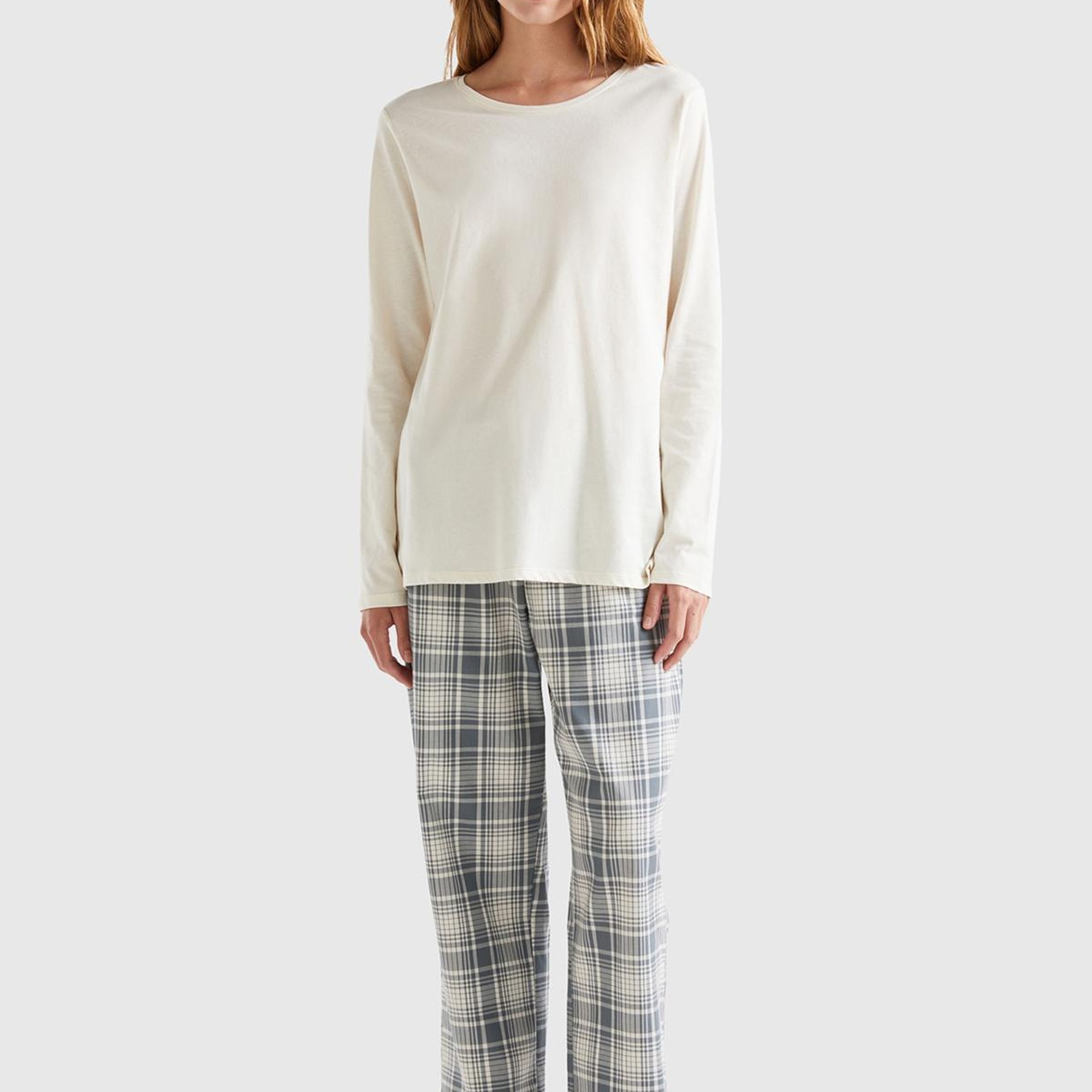 Kadın Lacivert Mix Ekose Desenli Dokuma Pantolon