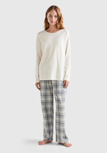  Kadın Lacivert Mix Ekose Desenli Dokuma Pantolon