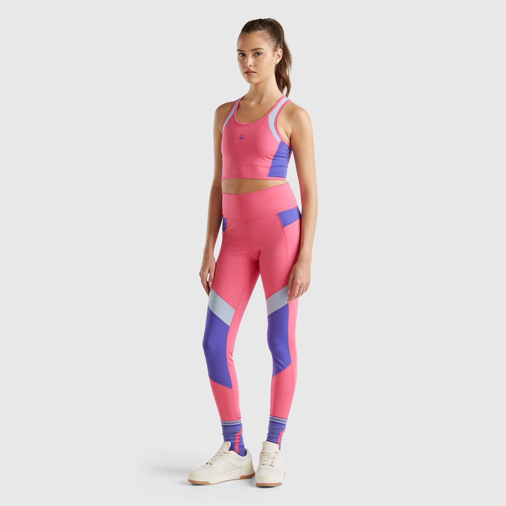 Kadın Pembe Kontrast Renk Detaylı Arkası Telefon Cepli Yüksek Bel Tayt