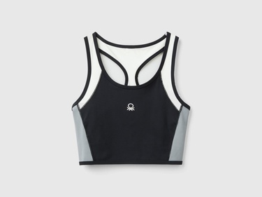  Kadın Siyah Önü Logo Baskılı Kontrast Renk Detaylı Crop Atlet