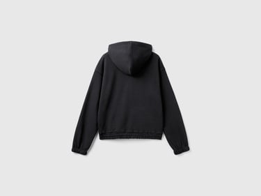  Kadın Siyah Pamuk Karışımlı Etek Ucu Logo Etiketli Kapüşonlu Sweatshirt