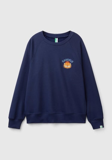  Erkek Lacivert Pamuk Karışımlı Göğsü Garfield Baskılı Bisiklet Yaka Sweater