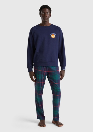  Erkek Lacivert Pamuk Karışımlı Göğsü Garfield Baskılı Bisiklet Yaka Sweater