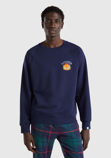  Erkek Lacivert Pamuk Karışımlı Göğsü Garfield Baskılı Bisiklet Yaka Sweater