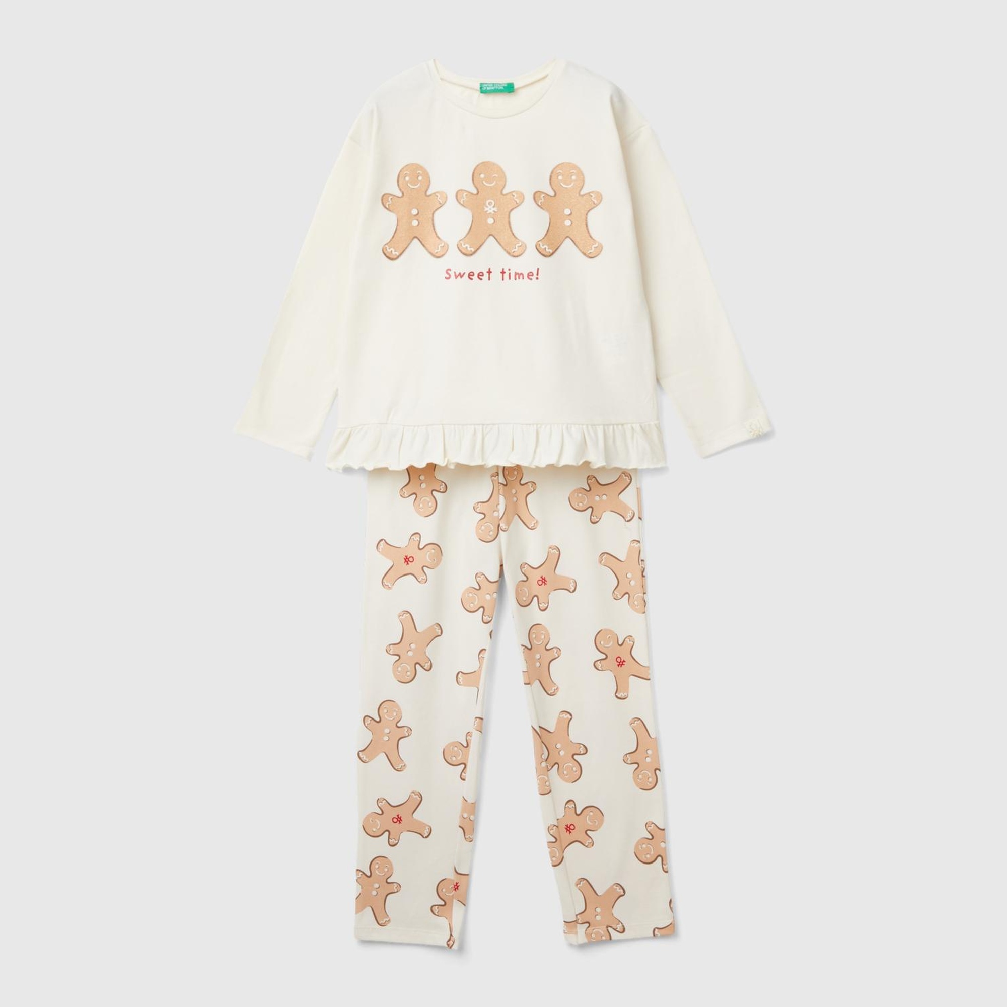 Kız Çocuk Krem Üstü Fırfırlı Altı Elastik Belli Baskılı Pijama Takımı