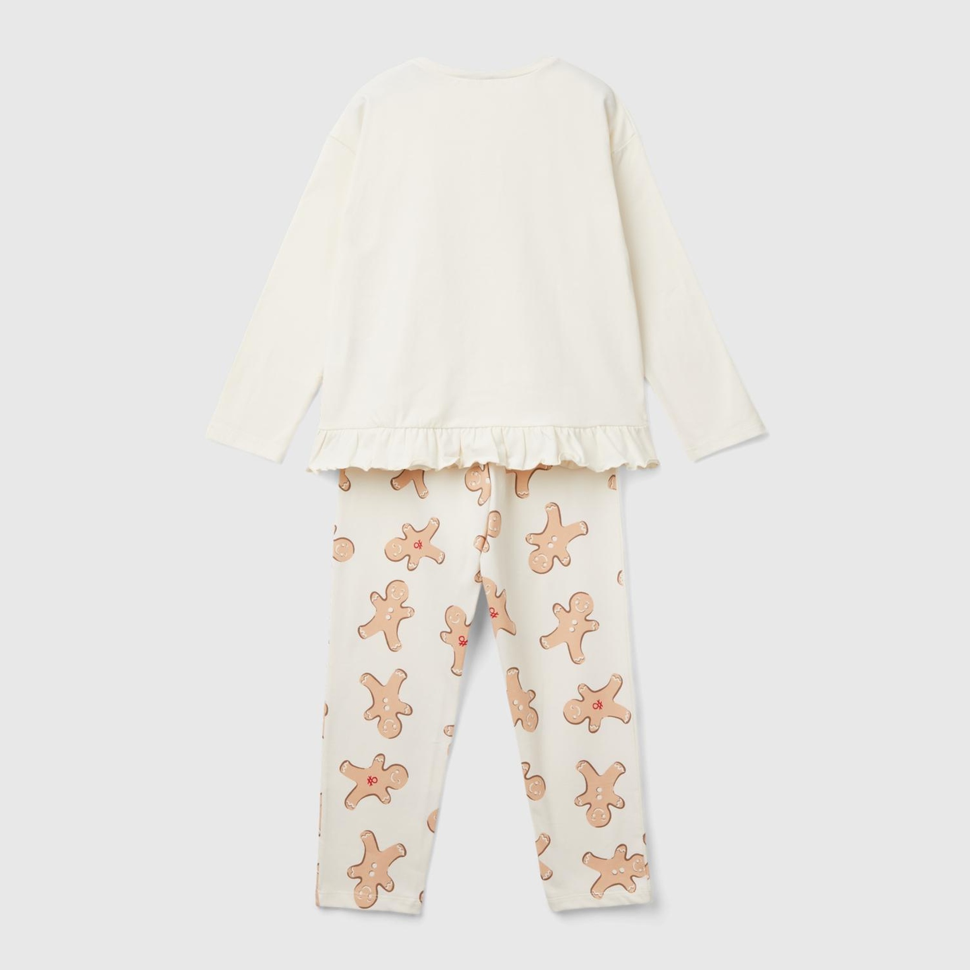 Kız Çocuk Krem Üstü Fırfırlı Altı Elastik Belli Baskılı Pijama Takımı