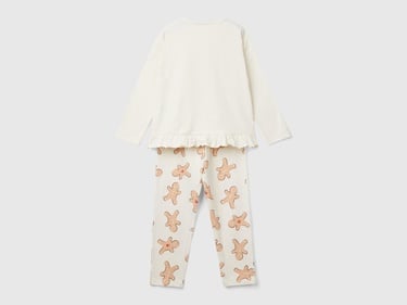  Kız Çocuk Krem Üstü Fırfırlı Altı Elastik Belli Baskılı Pijama Takımı