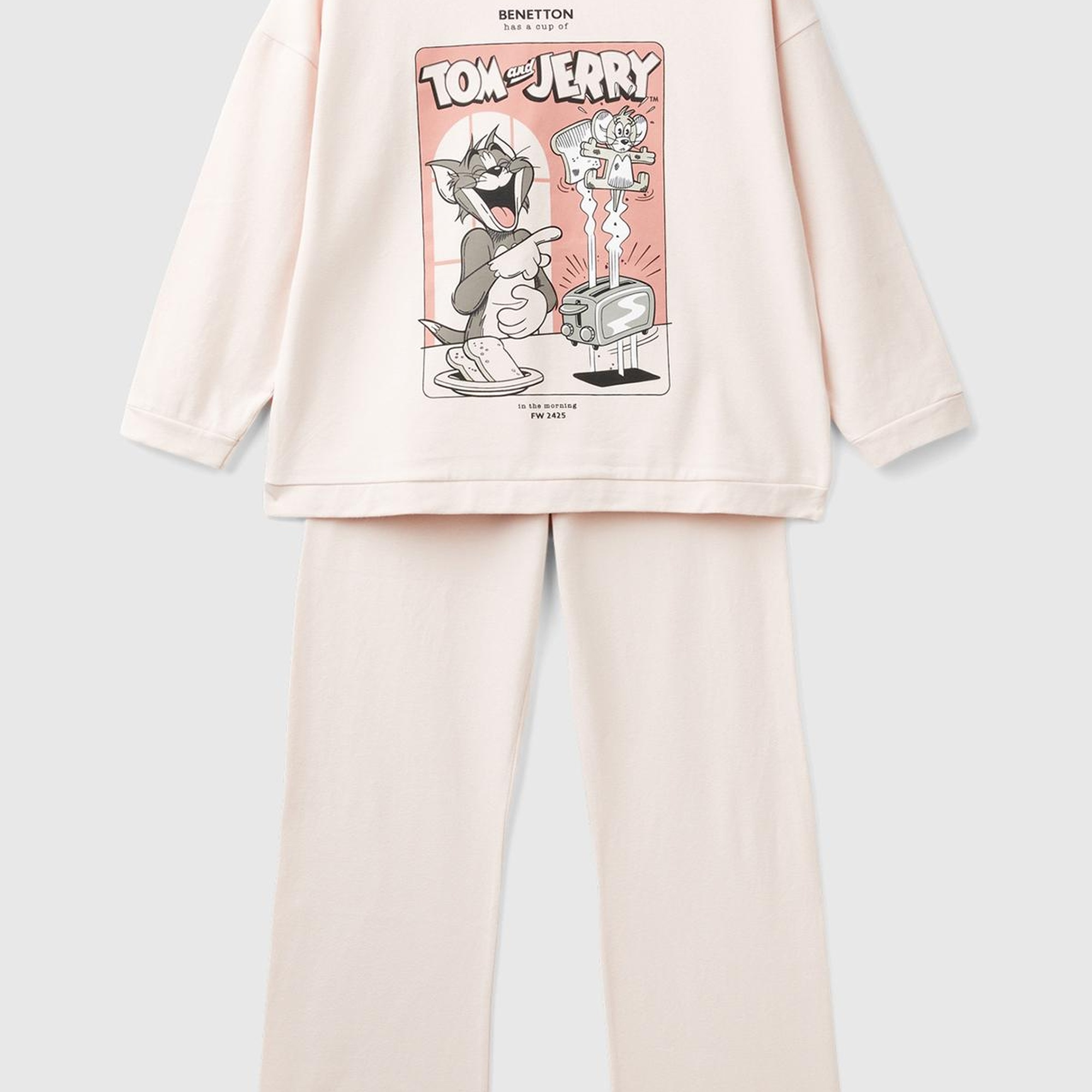 Kız Çocuk Krem Üstü Tom ve Jerry Baskılı Altı Düz Pijama Takımı