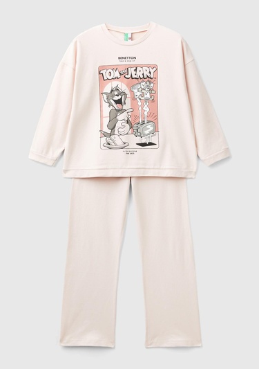  Kız Çocuk Krem Üstü Tom ve Jerry Baskılı Altı Düz Pijama Takımı
