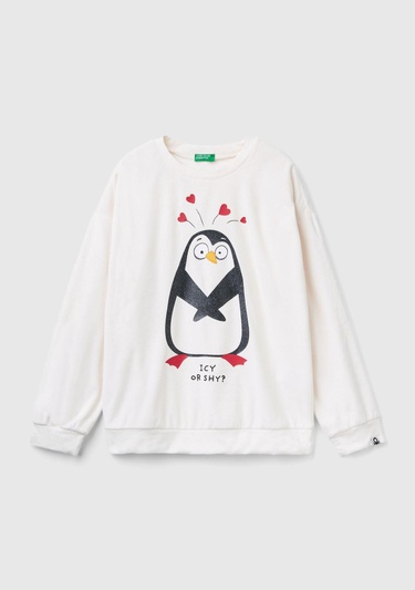  Kadın Krem Kol Ucu Logo Etiketli Önü Baskılı Pijama Üstü