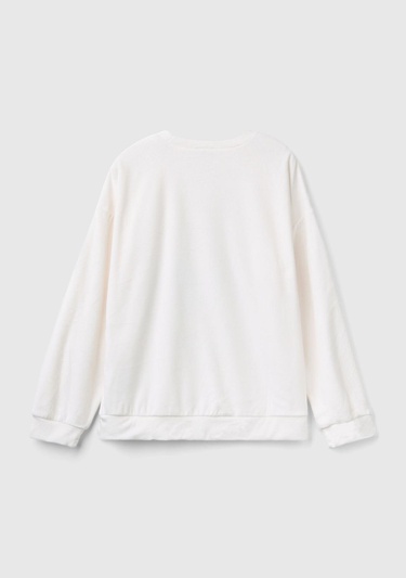  Kadın Krem Kol Ucu Logo Etiketli Önü Baskılı Pijama Üstü