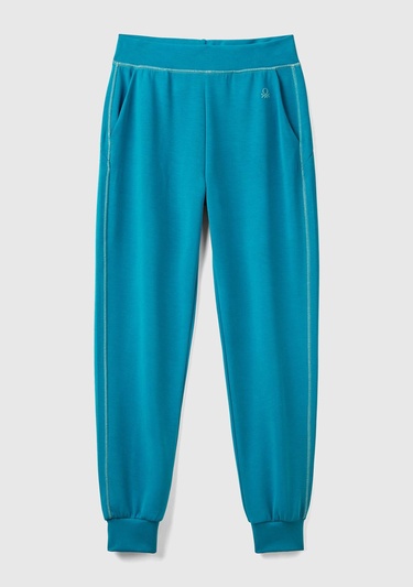  Kadın Turkuaz Modal Karışımlı Önü Logo Detaylı Bilek Manşetli Eşofman Altı