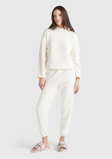  Kadın Krem Beli Elastik Rahat Kesim Jogger Pijama Altı