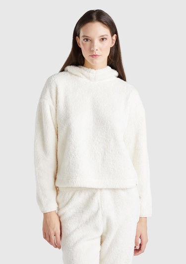  Kadın Krem Etek Ucu Logo Etiketli Kapüşonlu Sweatshirt