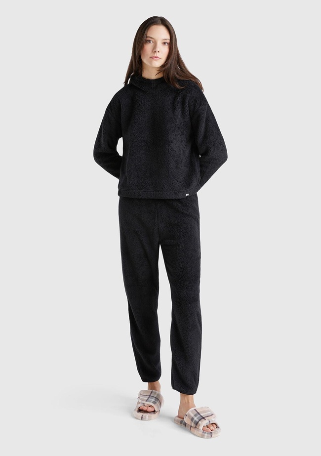  Kadın Siyah Etek Ucu Logo Etiketli Kapüşonlu Sweatshirt