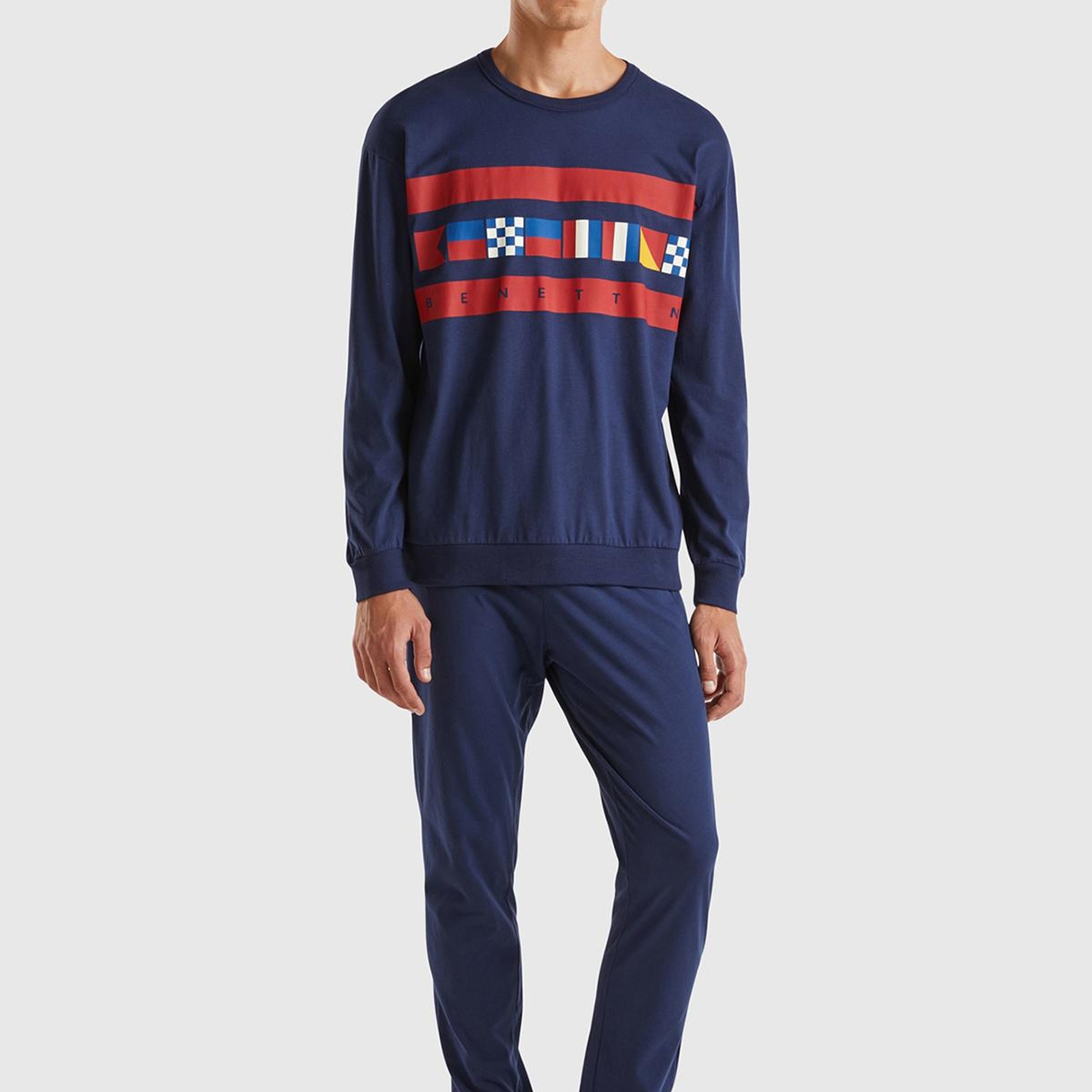 Erkek Lacivert Pamuk Karışımlı Üstü Baskılı Altı Arka Cepli Pijama Takımı