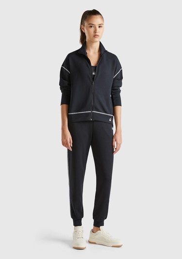  Kadın Siyah Modal Karışımlı Önü Fermuarlı Yüksek Yaka Sweatshirt