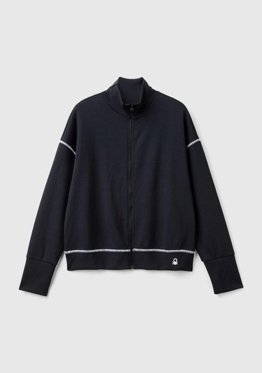  Kadın Siyah Modal Karışımlı Önü Fermuarlı Yüksek Yaka Sweatshirt