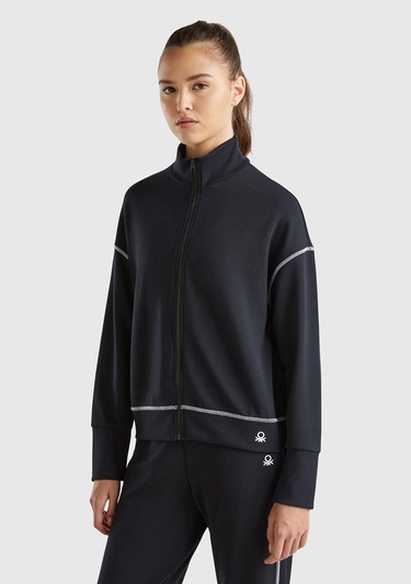  Kadın Siyah Modal Karışımlı Önü Fermuarlı Yüksek Yaka Sweatshirt