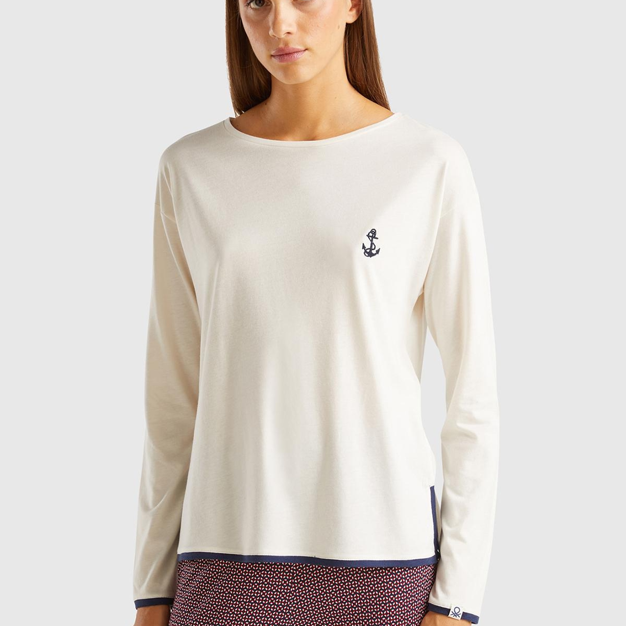 Kadın Krem Pamuk ve Viskoz Karışımlı Göğsü İşlemeli Uzun Kollu Pijama Üstü