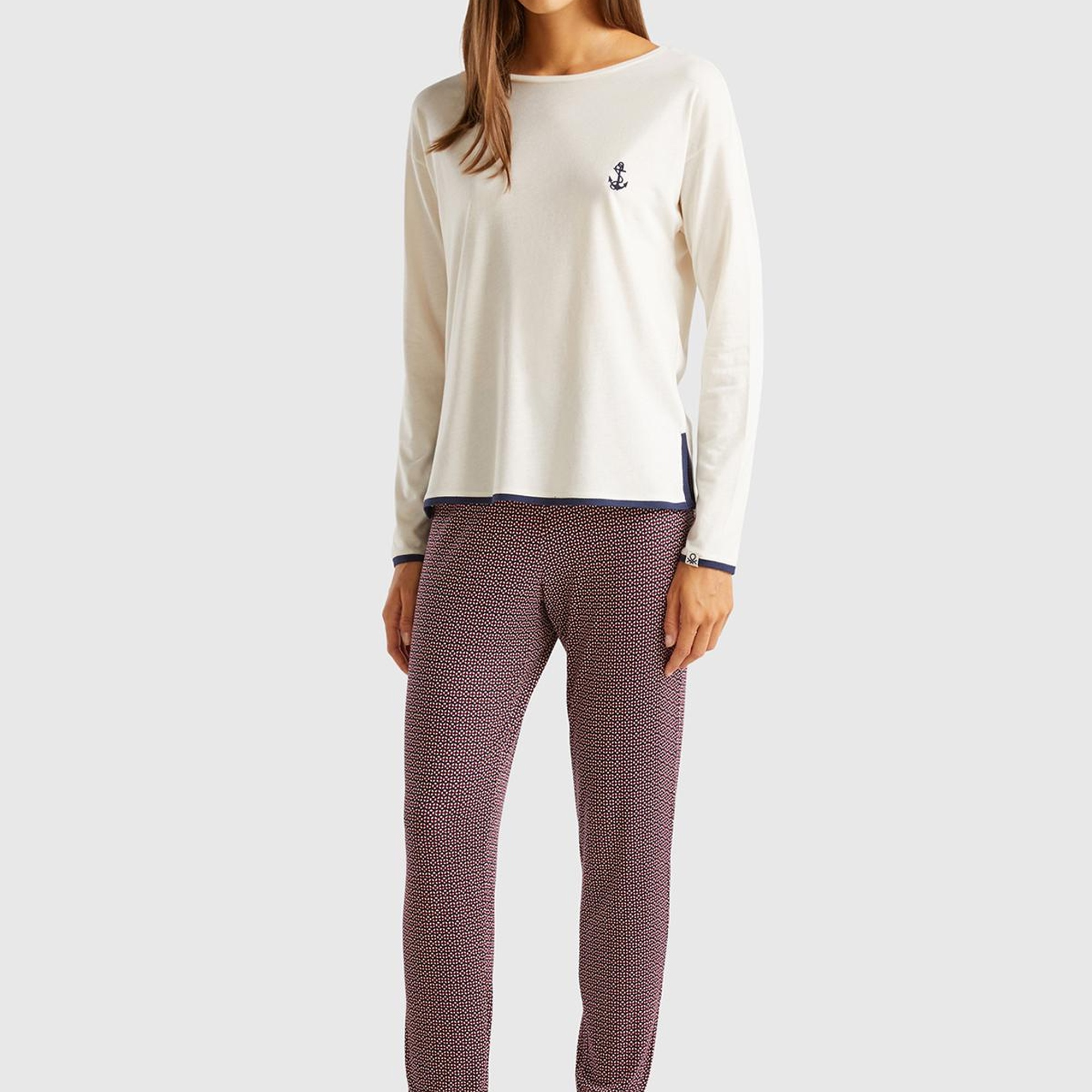 Kadın Krem Pamuk ve Viskoz Karışımlı Göğsü İşlemeli Uzun Kollu Pijama Üstü