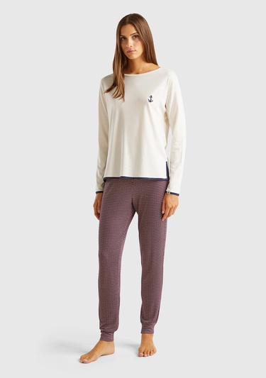  Kadın Krem Pamuk ve Viskoz Karışımlı Göğsü İşlemeli Uzun Kollu Pijama Üstü