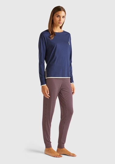  Kadın Lacivert Pamuk ve Viskoz Karışımlı Göğsü İşlemeli Uzun Kollu Pijama Üstü