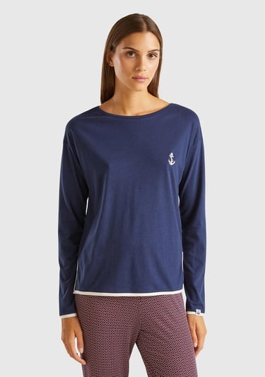  Kadın Lacivert Pamuk ve Viskoz Karışımlı Göğsü İşlemeli Uzun Kollu Pijama Üstü