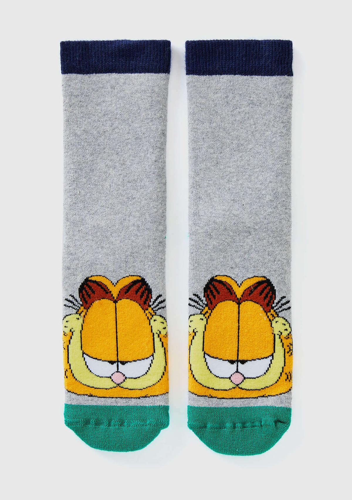  Erkek Çocuk Yeşil Garfield Baskılı Uzun Soket Çorap