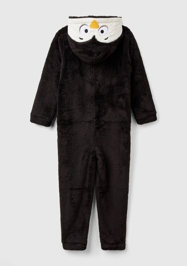  Erkek Çocuk Siyah Kol Ucu Logo Etiketli Kapüşonu Hayvan Detaylı Tulum